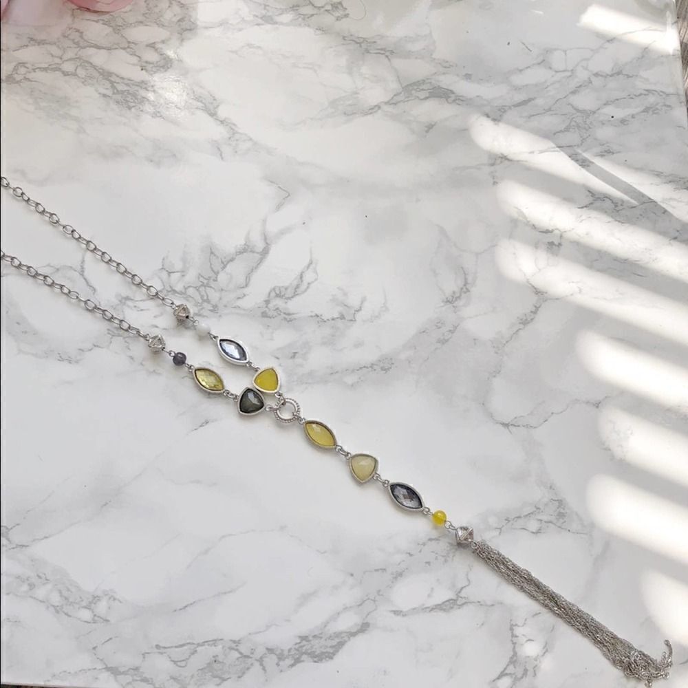2/$30 Long Yellow Gray Tassel Necklace with dangle drop Earring Set